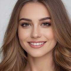 Fototapeta premium Pretty european beauty woman long hair with makeup glowing face and healthy facial skin portrait smile on isolated white background