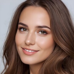 Obraz premium Pretty european beauty woman long hair with makeup glowing face and healthy facial skin portrait smile on isolated white background