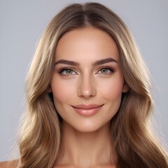 Fototapeta premium Pretty european beauty woman long hair with makeup glowing face and healthy facial skin portrait smile on isolated white background