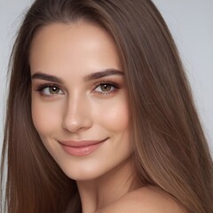 Fototapeta premium Pretty european beauty woman long hair with makeup glowing face and healthy facial skin portrait smile on isolated white background