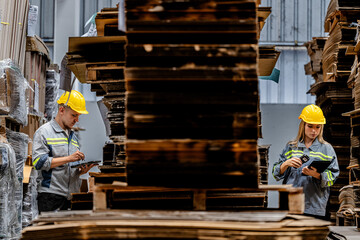workers walking and checking stock items for shipping. male and female inspecting the store factory. Logistics employees holding folders at on site warehouse area for shipping transportation.