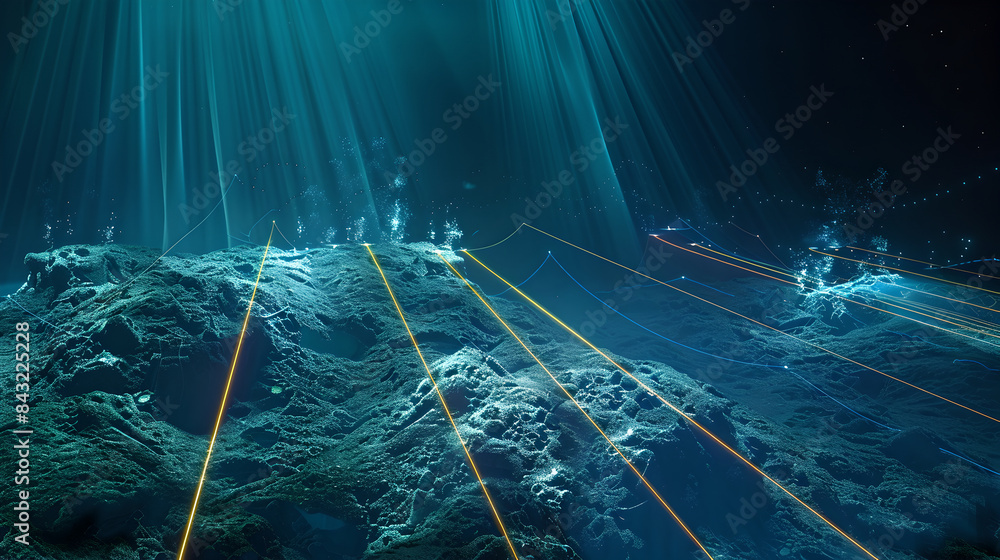 Poster an underwater communication network is beautifully visualized with light beams connecting subsea dat