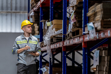 man worker walking and checking stock items for shipping. male inspecting the store factory. Logistics employees holding folders at on site warehouse area for shipping transportation.