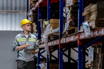 man worker walking and checking stock items for shipping. male inspecting the store factory. Logistics employees holding folders at on site warehouse area for shipping transportation.