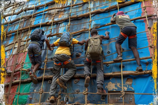A group of friends support each other as they climb a challenging rope structure in an outdoor course