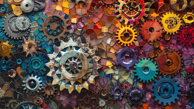 Colorful mosaic of gears for industrial or technology themed designs