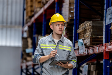 man worker walking and checking stock items for shipping. male inspecting the store factory....