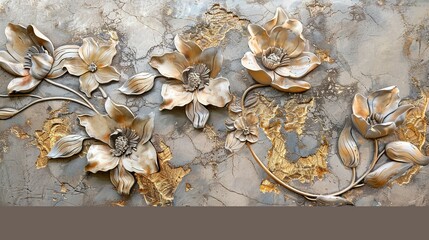Flower Design Panels on Marble Background: Artistic Wall Decoration