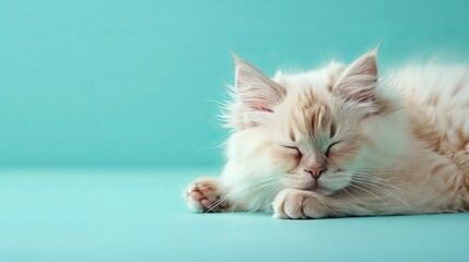 Cute fluffy kitten sleeping peacefully on a turquoise background, showcasing relaxation and innocence in a minimalist setting.
