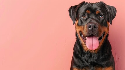 Fototapeta premium Happy Rottweiler dog with tongue out sitting against a pink backdrop, showcasing its friendly and playful nature, perfect for pet-themed content.