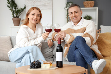 Mature couple with glasses of wine at home
