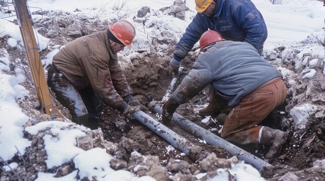 Workers carefully burying the underground piping and ensuring proper insulation to prevent any winter damage.