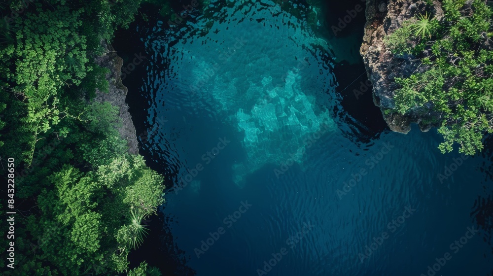 Poster a stunning overhead view of a cenote showcasing the sharp division between fresh and saler.