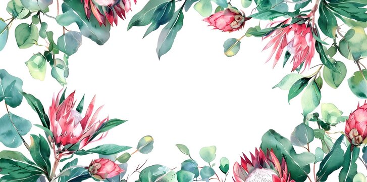 Watercolor hand draw floral frame with green eucalyptus leaves and red protea rose flowers, wedding invitation card border design, mock up of floral elements, botanic watercolor illustration. Template