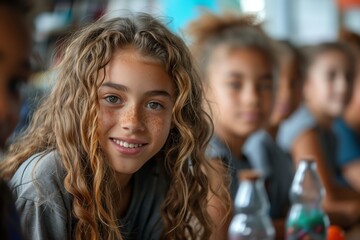 Obraz premium A young student smiles as she works on a creative project in a classroom with her peers