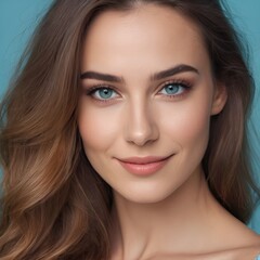 Pretty european beauty woman  long hair with makeup glowing face and healthy facial skin portrait smile on isolated light blue background
