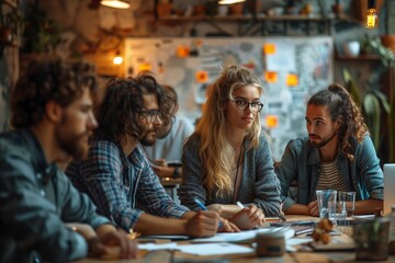 A team of young professionals gathers around a table, intently discussing solutions in a modern, open-plan office - Powered by Adobe