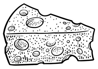 piece of cheese slice sketch engraving PNG illustration. T-shirt apparel print design. Scratch board imitation. Black and white hand drawn image.