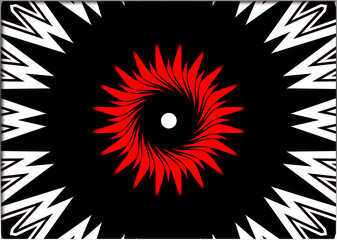 Abstract, a black background is contrasted with a dynamic red and white design that resembles an eye or a spinning vortex