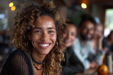 A diverse group of coworkers smiles for the camera, celebrating their success in the office
