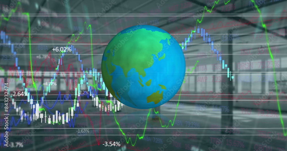 Poster image of rotating globe over financial data and graphs