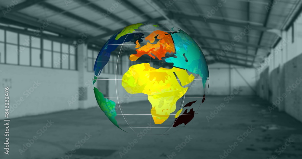 Poster image of rotating globe over financial data and graphs