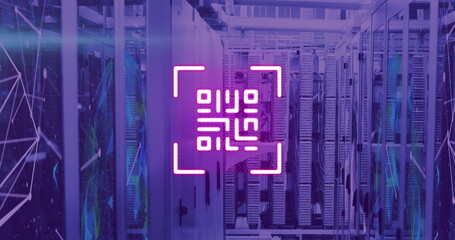 Image of neon qr code over server room in violet