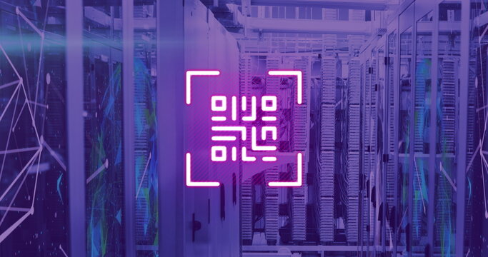 Image of neon qr code over server room in violet