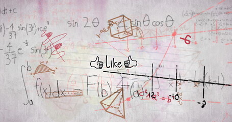 Image of mathematical equations and like text over white background, copy space