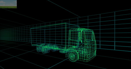 Image of digital lorry on black background, copy space