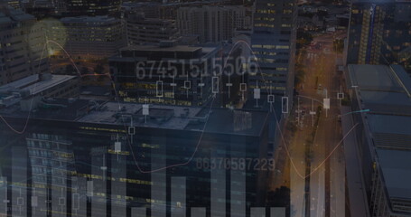 Image of financial data processing over cityscape