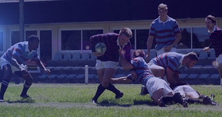 Image of glowing lights over diverse rugby players in sports stadium