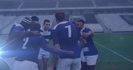 Image of glowing lights over diverse rugby players in sports stadium