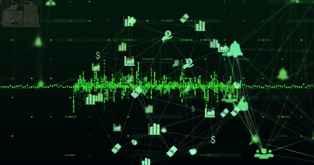 Image of network of connections with icons on black background, copy space
