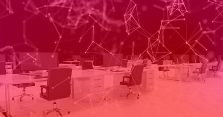 Image of icons and connections over red desks in office, copy space