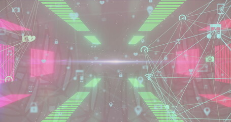 Image of icons and connections over space with neon lights, copy space