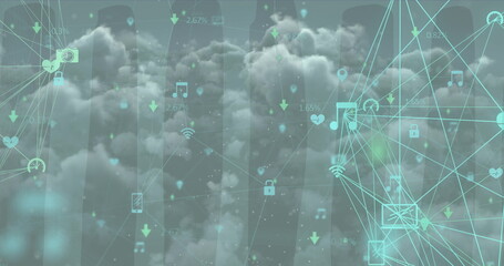 Image of icons and connections over sky with clouds, copy space