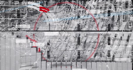 Image of round scanner and interface with data processing against grey background