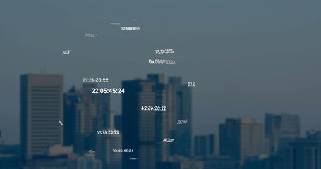 Image of statistical data processing and numbers over tall buildings