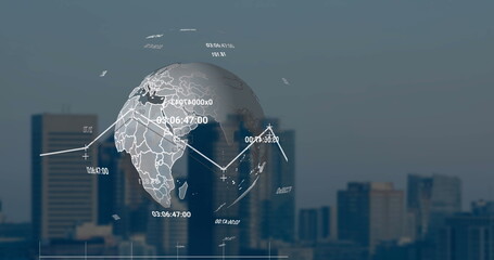 Image of statistical data processing and numbers over spinning globe against tall buildings