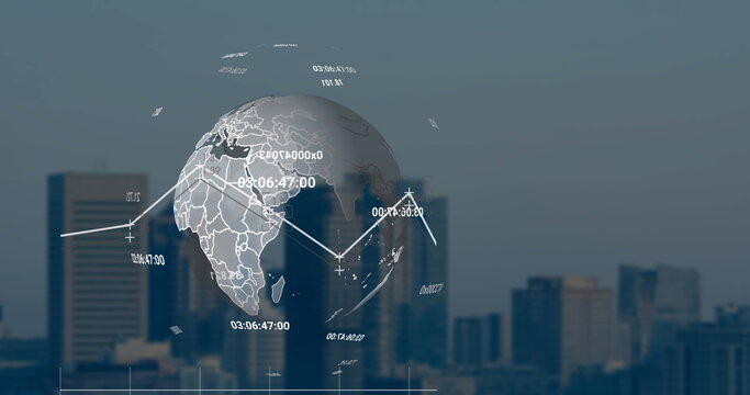 Image of statistical data processing and numbers over spinning globe against tall buildings - Powered by Adobe