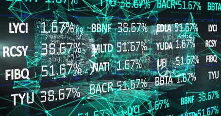 Image of stock market data processing and plexus network against screens with data processing