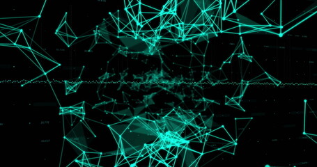 Image of data processing over glowing green plexus networks against black background