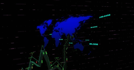 Image of financial data processing over world map against black background
