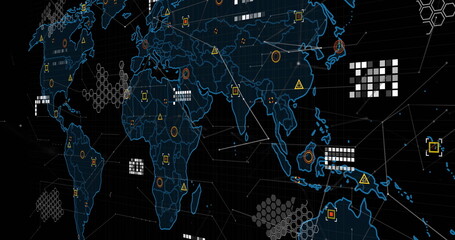 Image of data processing over world map against black background