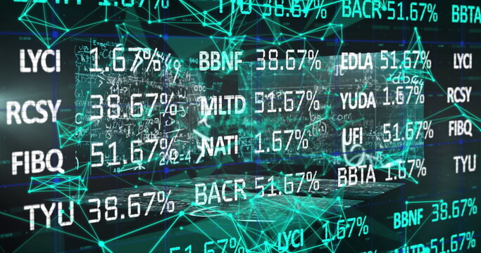 Image of stock market data processing and plexus network against screens with data processing - Powered by Adobe