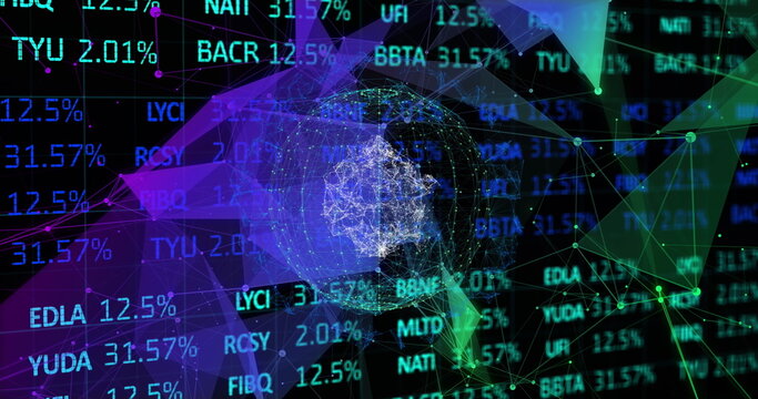 Image of stock market data processing over plexus networks and spinning globe - Powered by Adobe