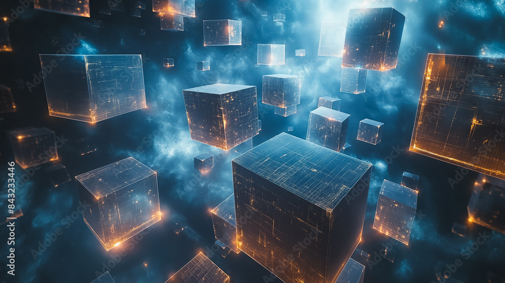 Poster a computer generated image of a blue sky with many cubes in it