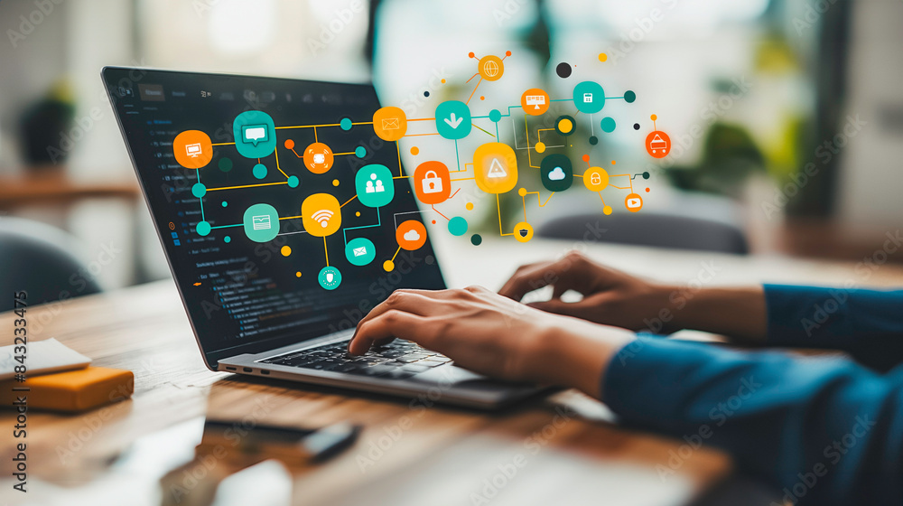 Poster a person is typing on a laptop with a colorful network of icons on the screen