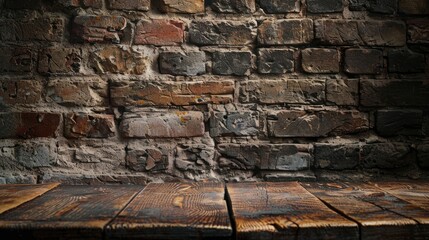 Old wooden table with brick background dark, generative ai